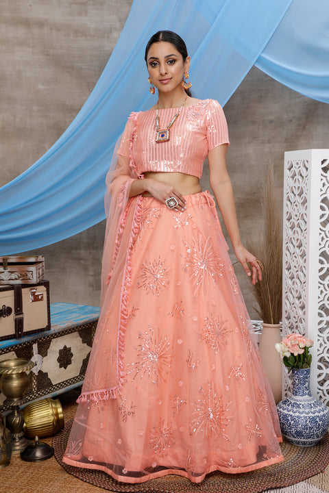 Peach Soft Net Designer Lehenga Choli Bollywood Lahanga Marriage Ghaghra Choli Indian Wedding Bridal Lahnga Party Wear Net Lengha Choli ClothsVilla Main image
