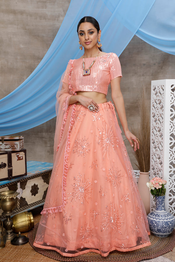 Peach Soft Net Designer Lehenga Choli Bollywood Lahanga Marriage Ghaghra Choli Indian Wedding Bridal Lahnga Party Wear Net Lengha Choli ClothsVilla