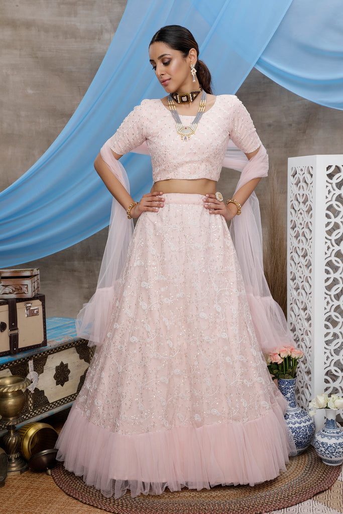 Peach Thread And Sequence Embroidered Net Semi Stitched Bridal Lehenga ClothsVilla