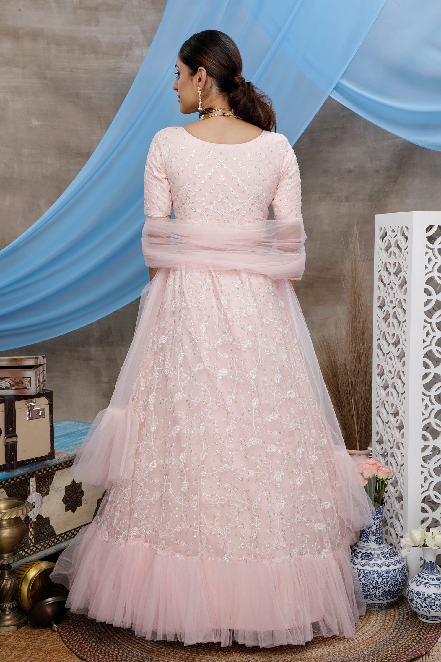 Peach Thread And Sequence Embroidered Net Semi Stitched Bridal Lehenga ClothsVilla