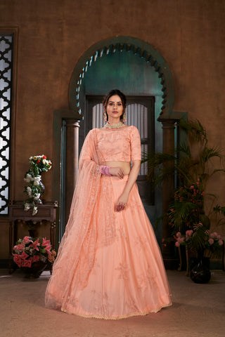 Peach Thread Embroidered Net Wedding Wear Lehenga Choli ClothsVilla
