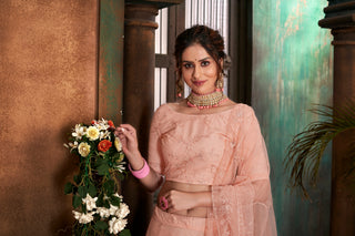 Peach Thread Embroidered Net Wedding Wear Lehenga Choli ClothsVilla