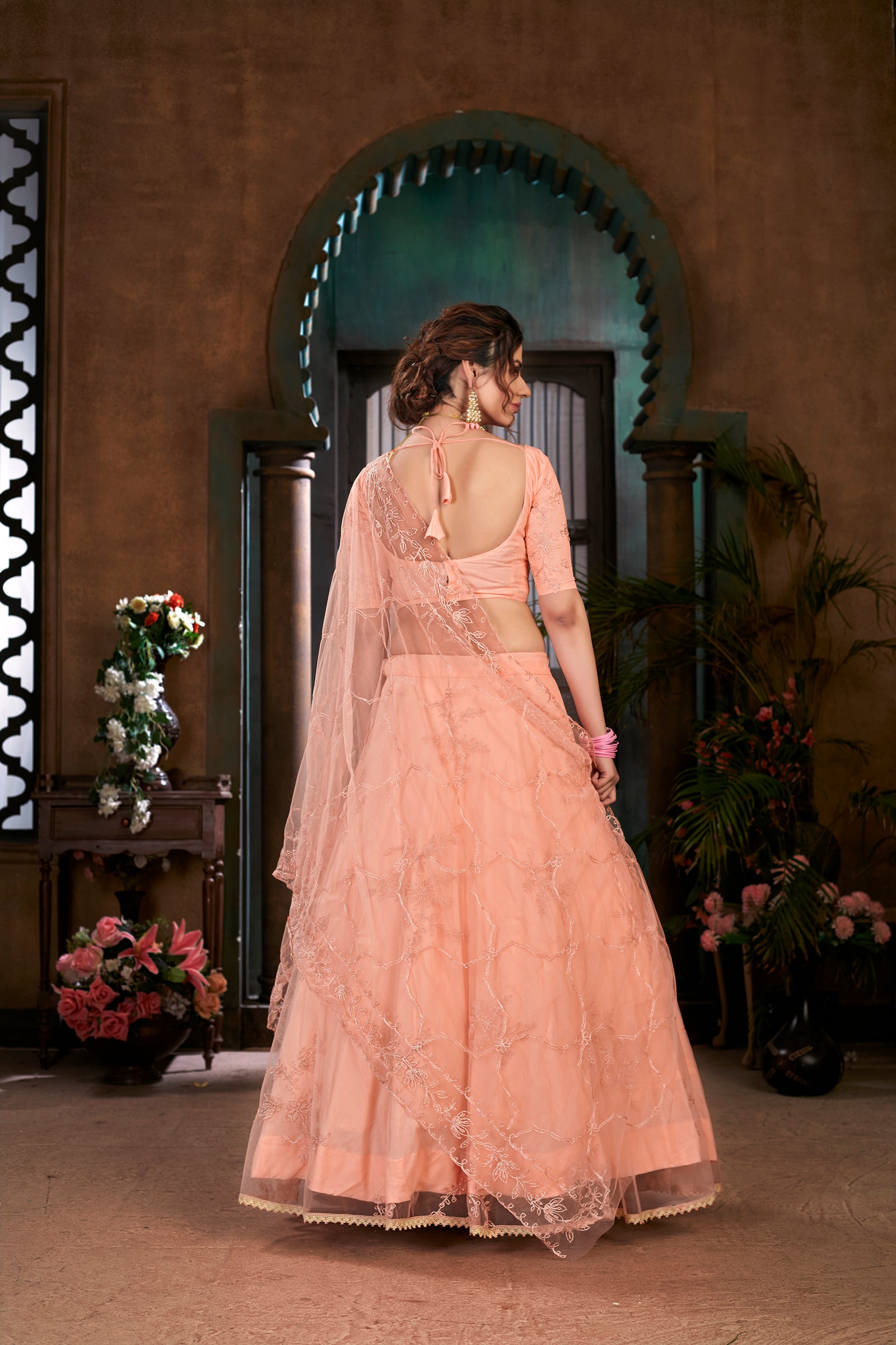 Peach Thread Embroidered Net Wedding Wear Lehenga Choli ClothsVilla