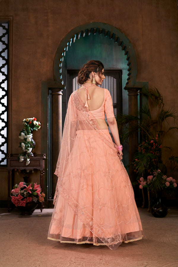 Peach Thread Embroidered Net Wedding Wear Lehenga Choli ClothsVilla