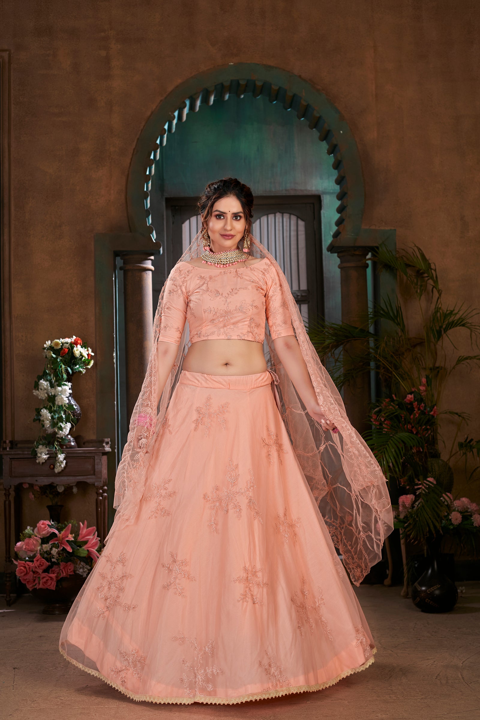 Peach Thread Embroidered Net Wedding Wear Lehenga Choli ClothsVilla