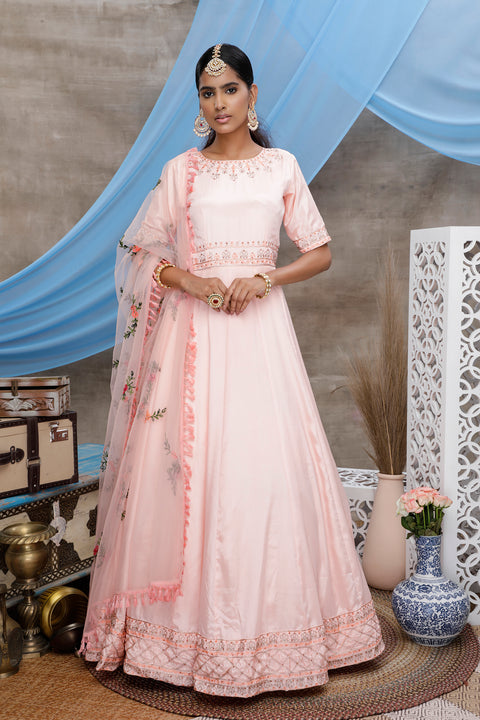 Peach Thread Embroidery Georgette Anarkali Long Gown Semi Stitched ClothsVilla Main image
