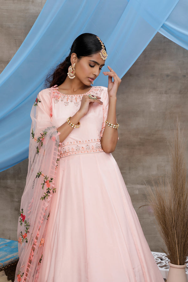 Peach Thread Embroidery Georgette Anarkali Long Gown Semi Stitched ClothsVilla