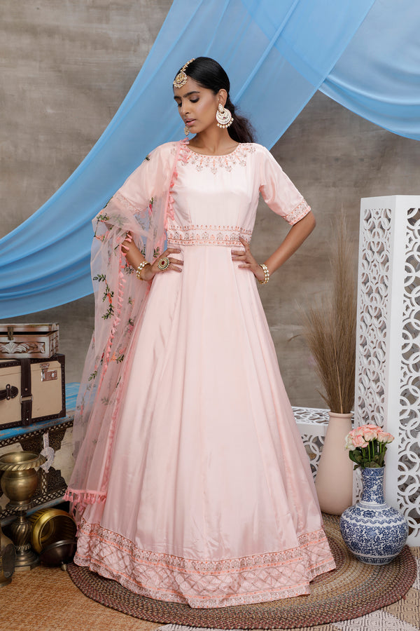 Peach Thread Embroidery Georgette Anarkali Long Gown Semi Stitched ClothsVilla