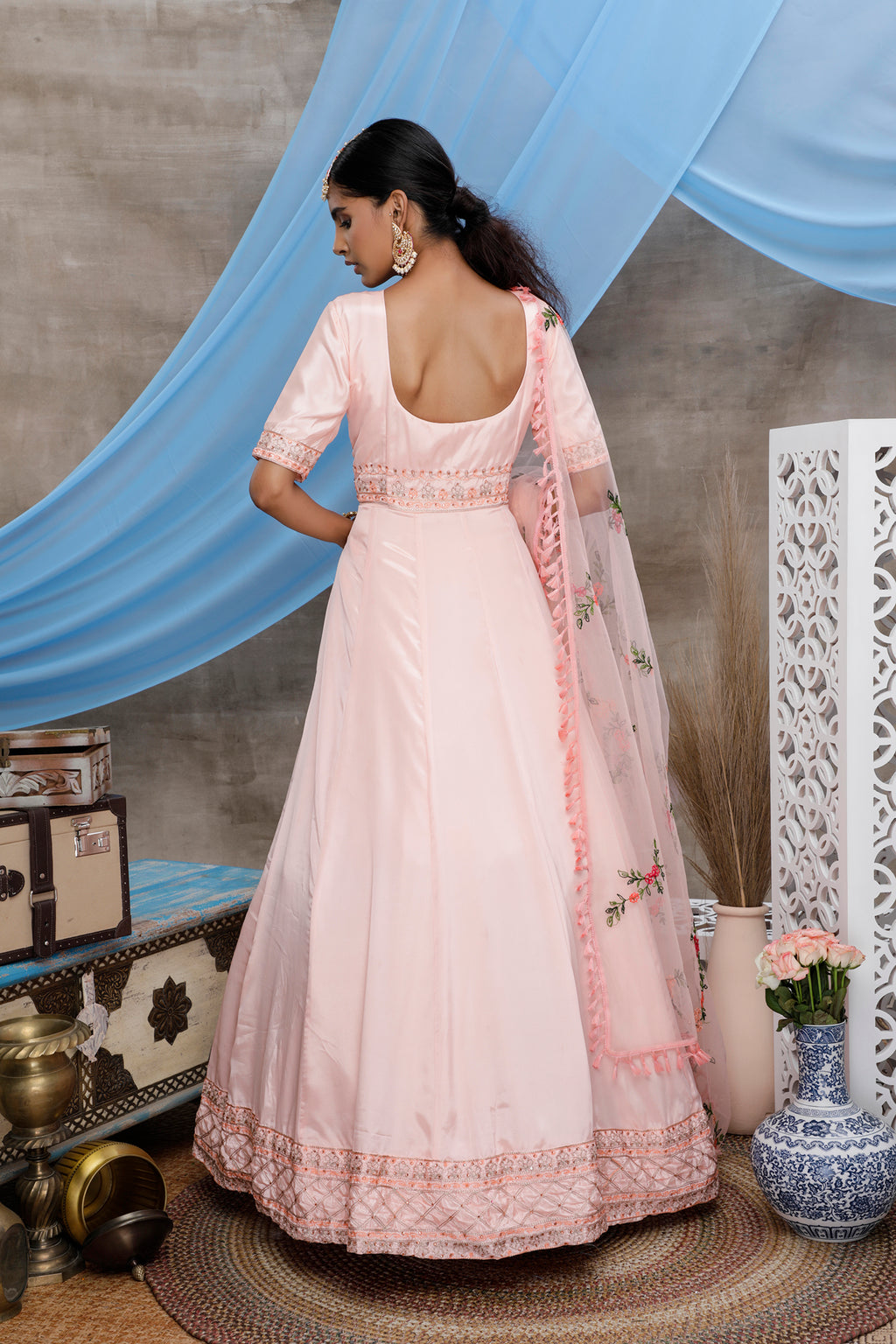 Peach Thread Embroidery Georgette Anarkali Long Gown Semi Stitched ClothsVilla