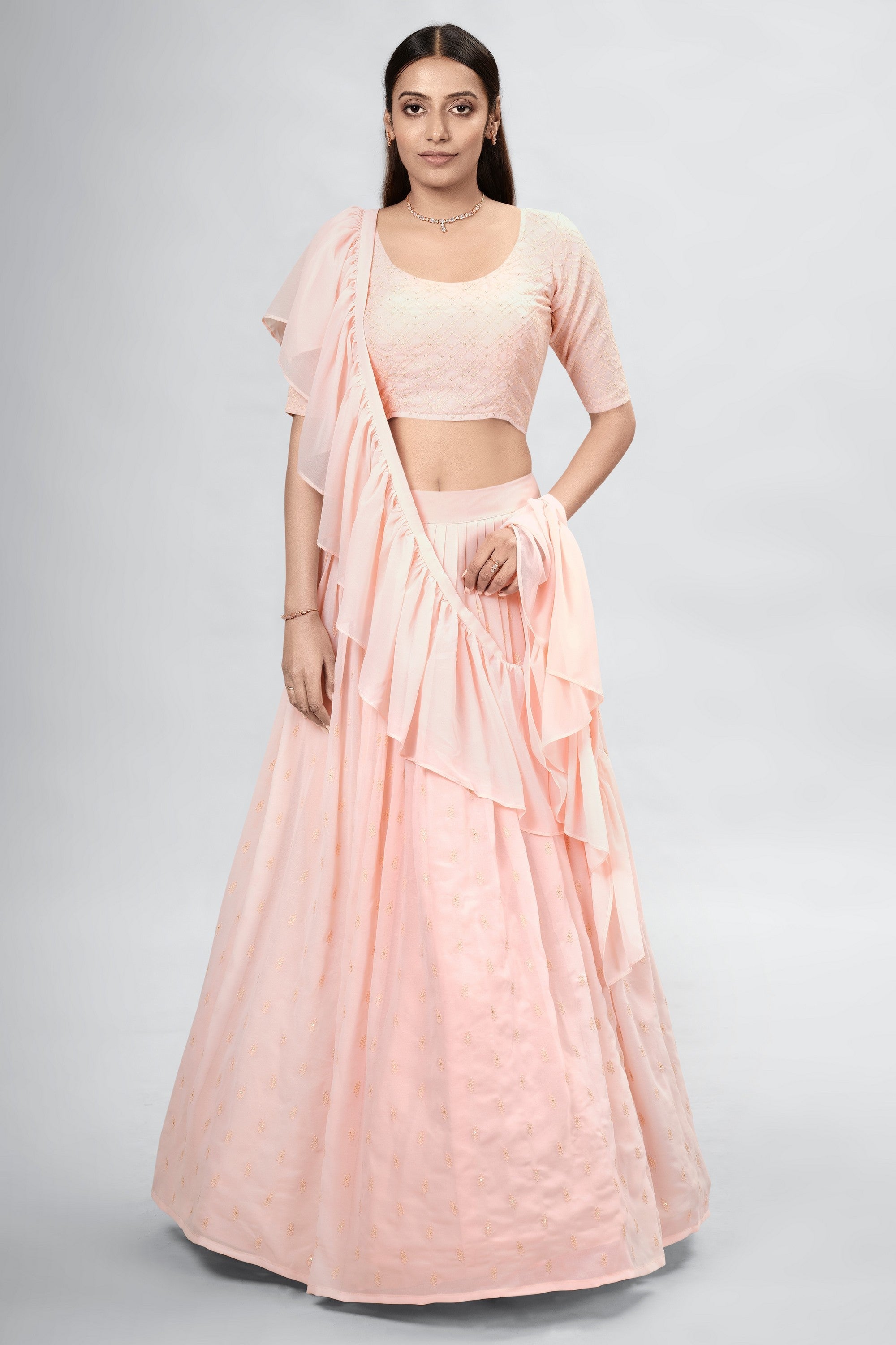 Peach Indian Georgette Lehenga Choli With Ruffle Dupatta For Indian Festival & Weddings - Sequence Embroidery Work, Clothsvilla Main image