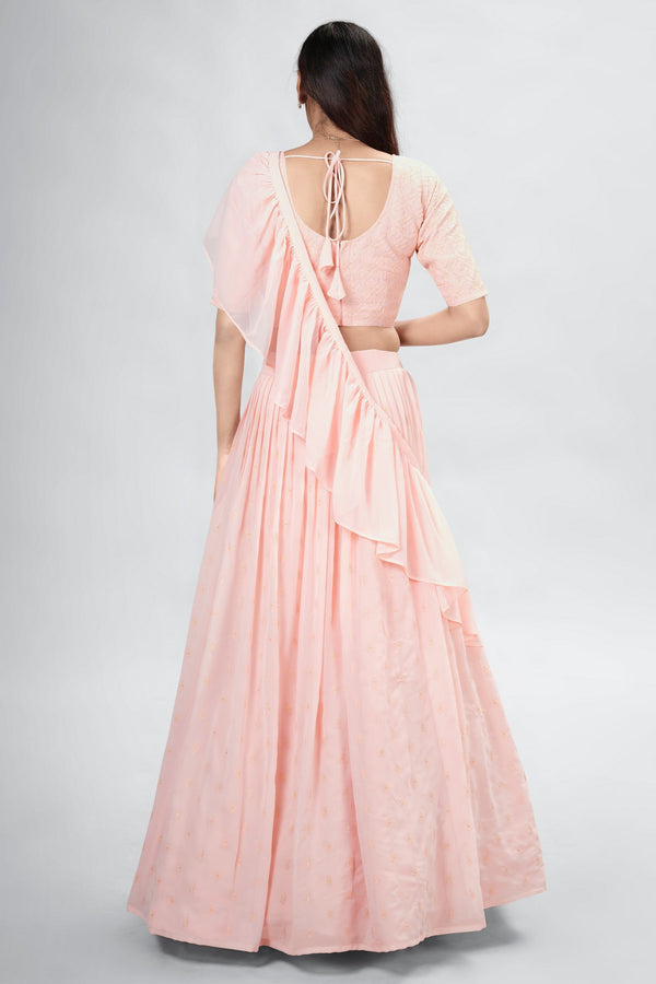 Peach Indian Georgette Lehenga Choli With Ruffle Dupatta For Indian Festival & Weddings - Sequence Embroidery Work, Clothsvilla