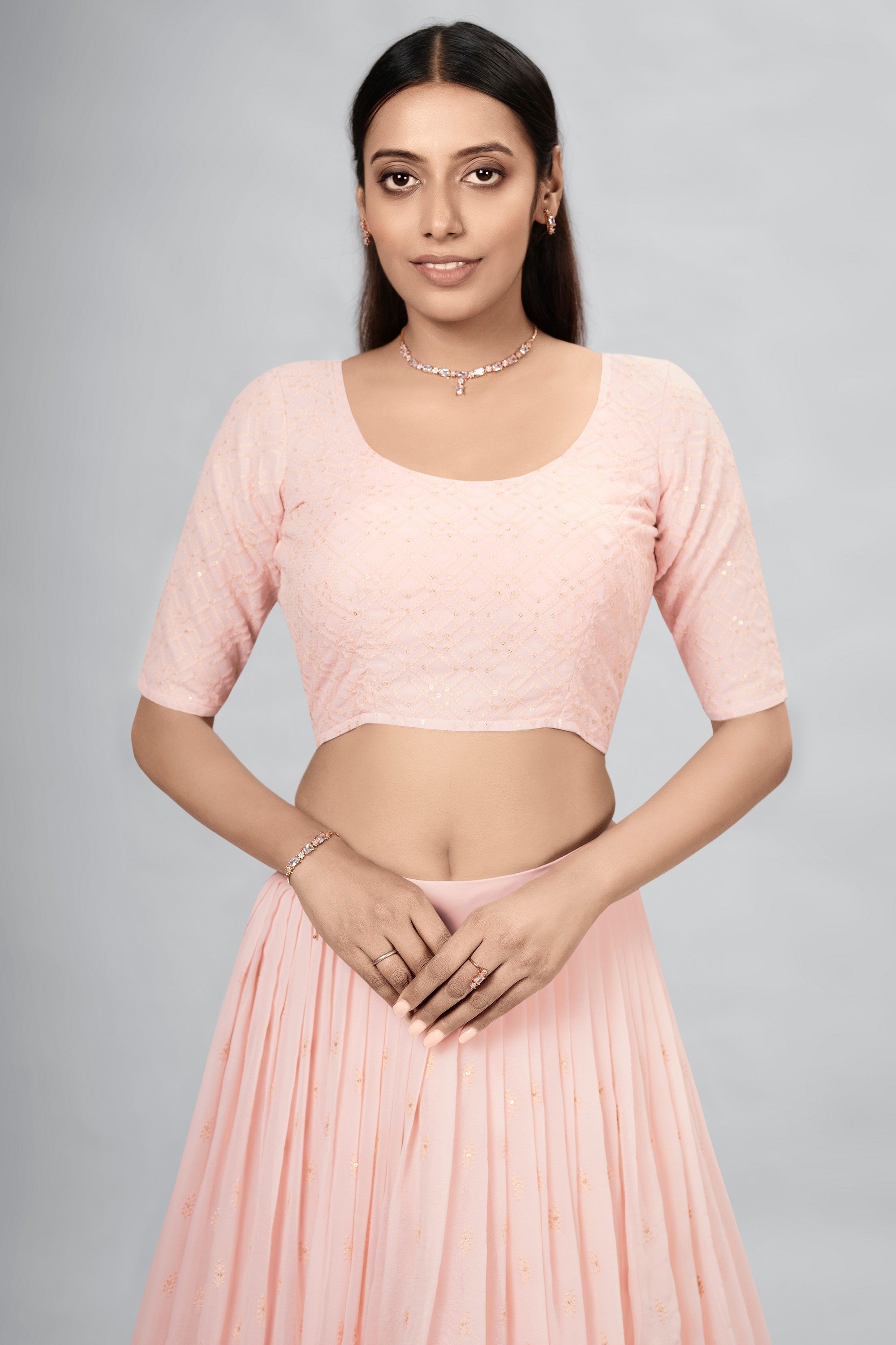 Peach Indian Georgette Lehenga Choli With Ruffle Dupatta For Indian Festival & Weddings - Sequence Embroidery Work, Secondary image