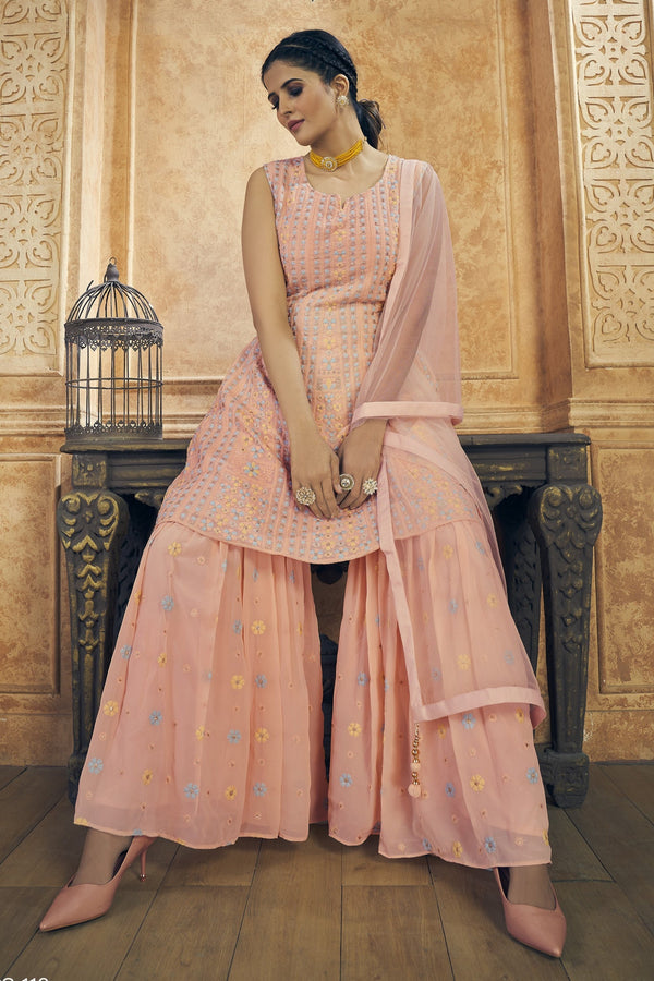 Peach Pakistani Georgette Plazo For Indian Festival & Weddings - Resham Embroidery Work, Zari Work Clothsvilla