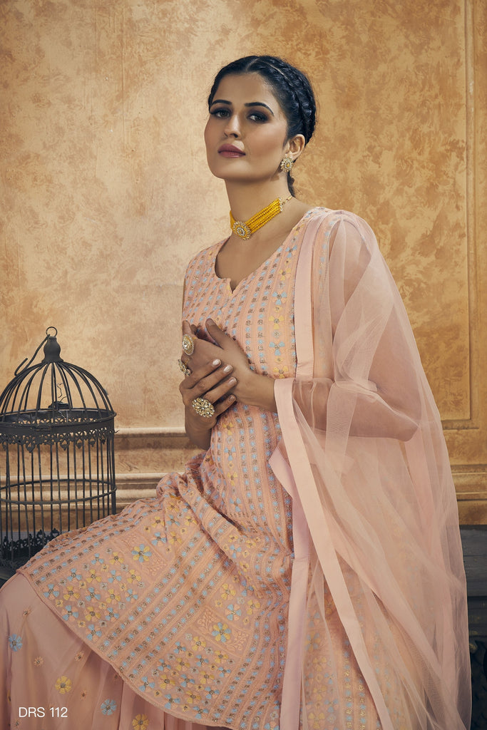 Peach Pakistani Georgette Plazo For Indian Festival & Weddings - Resham Embroidery Work, Zari Work Clothsvilla