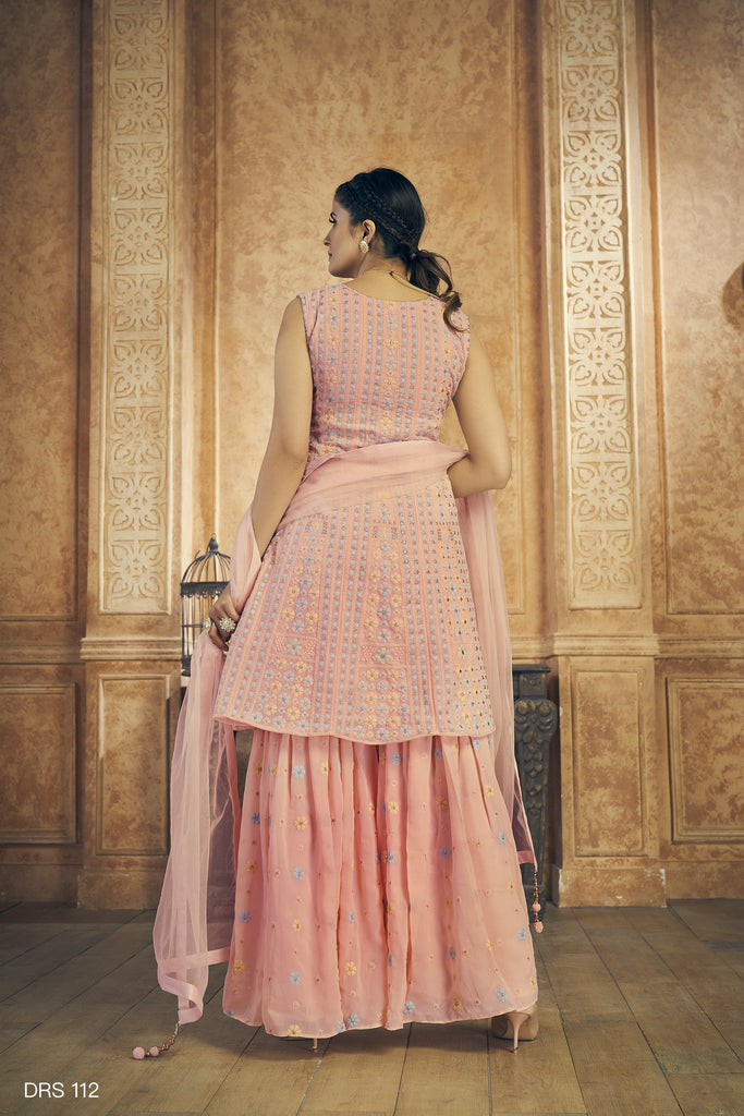 Peach Pakistani Georgette Plazo For Indian Festival & Weddings - Resham Embroidery Work, Zari Work Clothsvilla