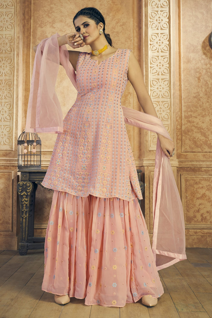 Peach Pakistani Georgette Plazo For Indian Festival & Weddings - Resham Embroidery Work, Zari Work Clothsvilla