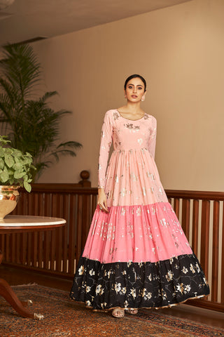 Peach & Pink & Black Metallic Foilage Print Georgette Anarkali Long Gown Semi Stitched ClothsVilla