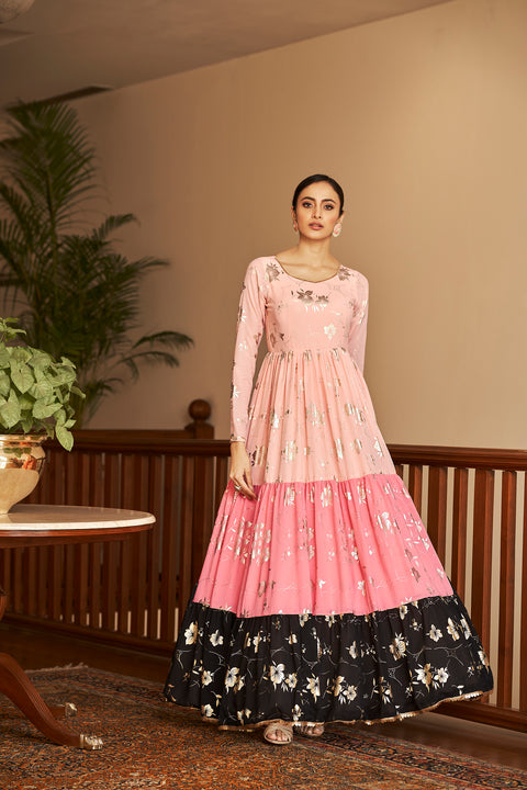 Peach & Pink & Black Metallic Foilage Print Georgette Anarkali Long Gown Semi Stitched ClothsVilla Main image