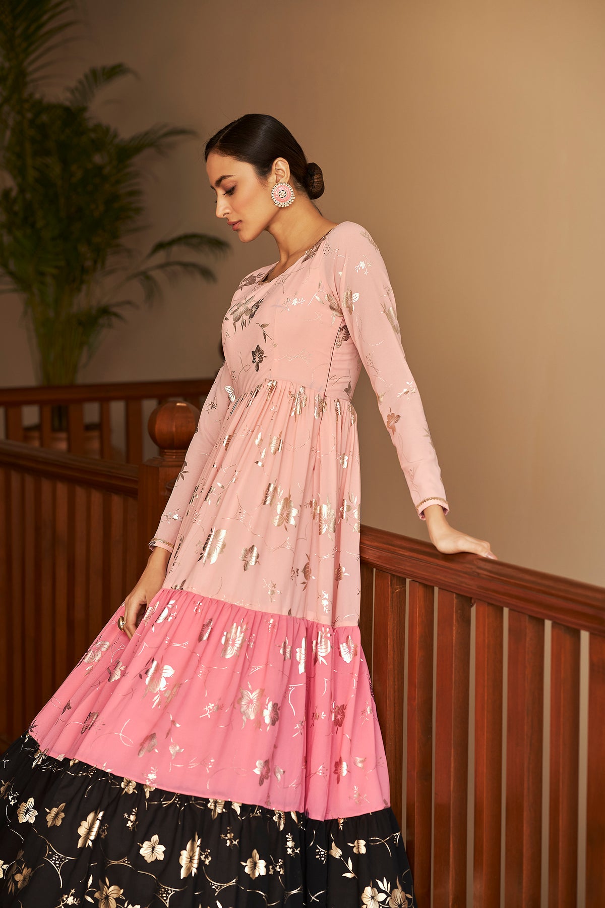 Peach & Pink & Black Metallic Foilage Print Georgette Anarkali Long Gown Semi Stitched ClothsVilla