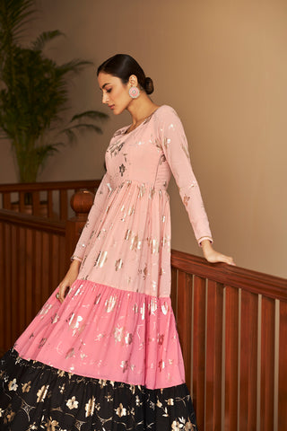 Peach & Pink & Black Metallic Foilage Print Georgette Anarkali Long Gown Semi Stitched ClothsVilla