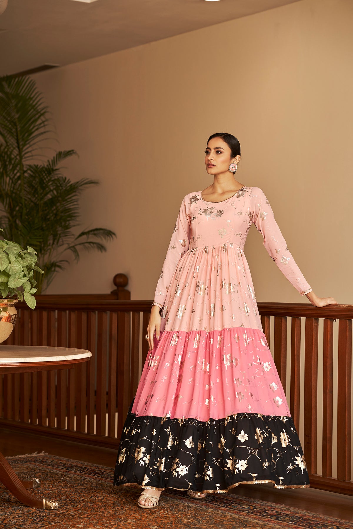 Peach & Pink & Black Metallic Foilage Print Georgette Anarkali Long Gown Semi Stitched ClothsVilla