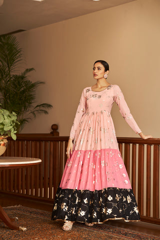 Peach & Pink & Black Metallic Foilage Print Georgette Anarkali Long Gown Semi Stitched ClothsVilla