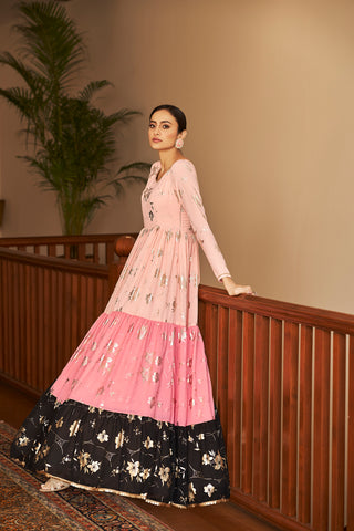 Peach & Pink & Black Metallic Foilage Print Georgette Anarkali Long Gown Semi Stitched ClothsVilla