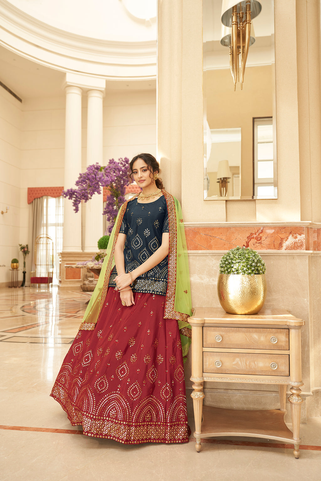 Attractive Red Gota Work Chinon Festival Wear Lehenga Choli Indian Pakistani Bridesmaids Dress Reception Lehenga Long Top Lancha ClothsVilla