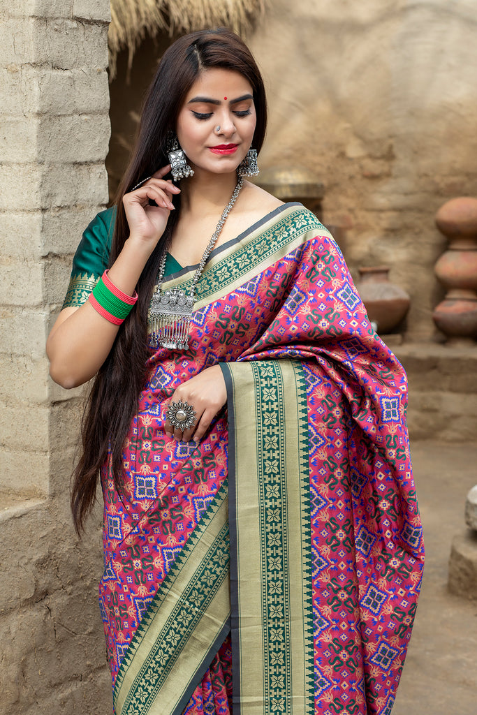 Pink-Green Weaving Banarasi Silk Bridal Wear Saree ClothsVilla