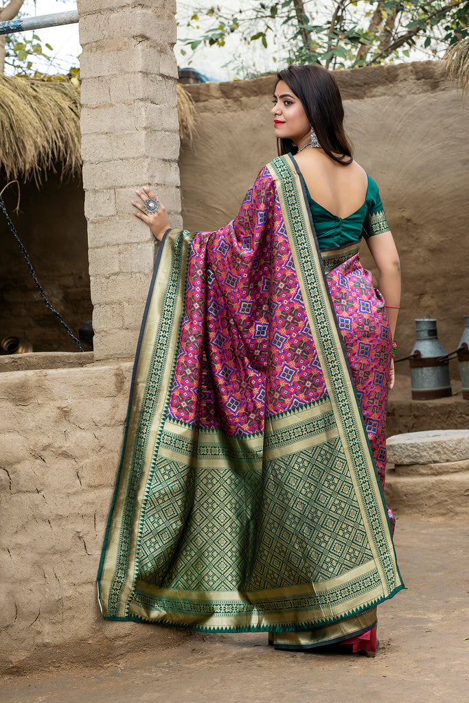 Pink-Green Weaving Banarasi Silk Bridal Wear Saree ClothsVilla