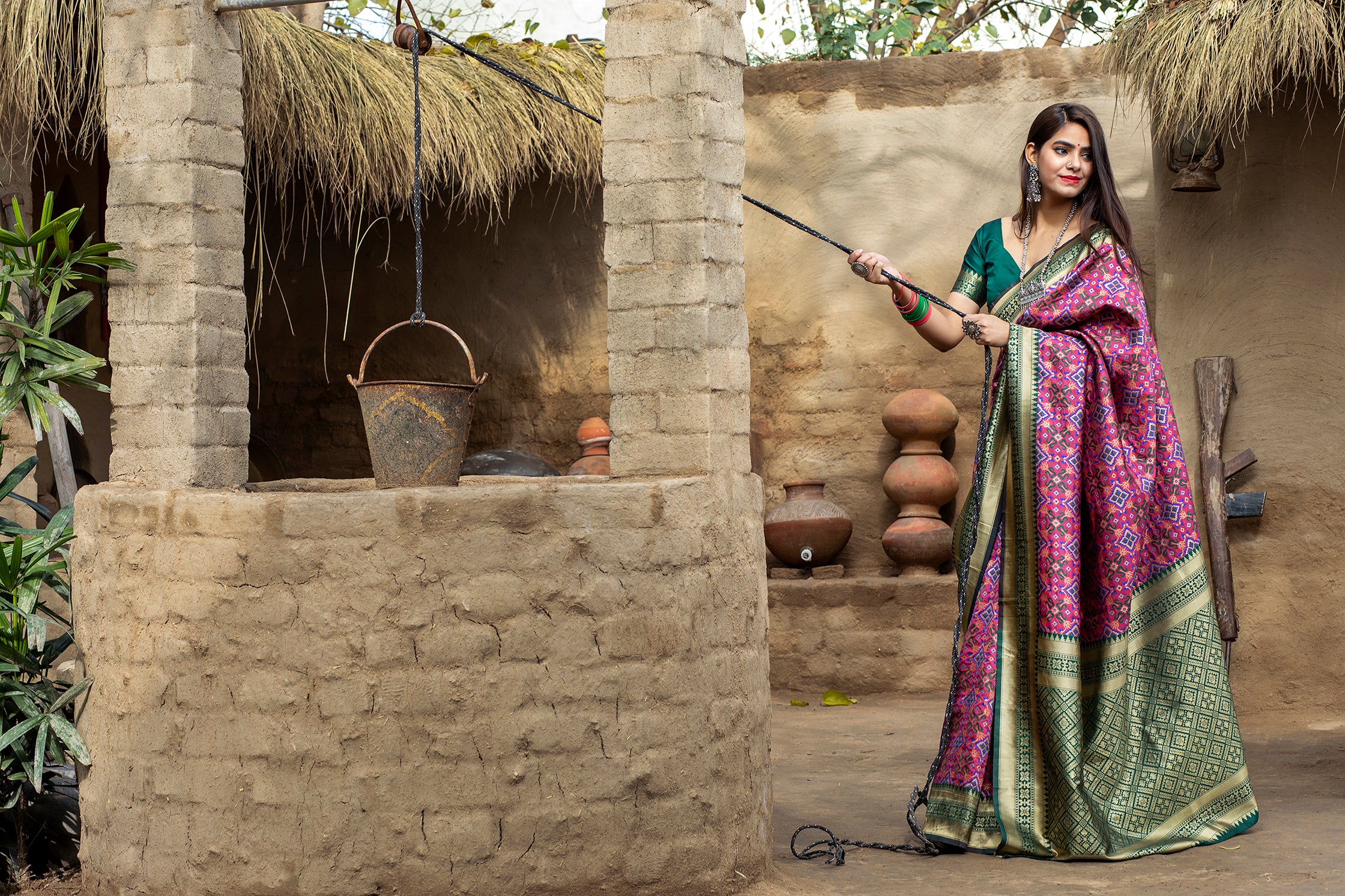 Pink-Green Weaving Banarasi Silk Bridal Wear Saree ClothsVilla