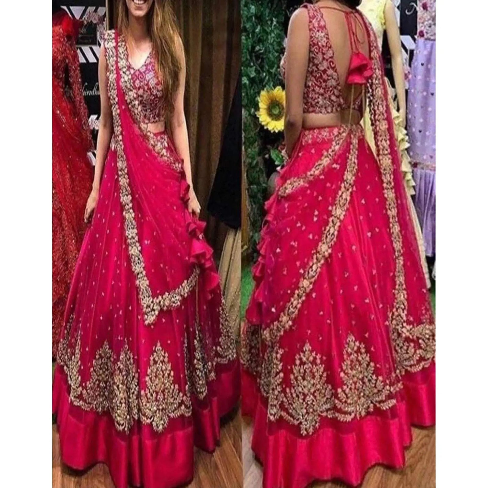 Pink Lehenga Choli in Net with Zari and Embroidery Work ClothsVilla