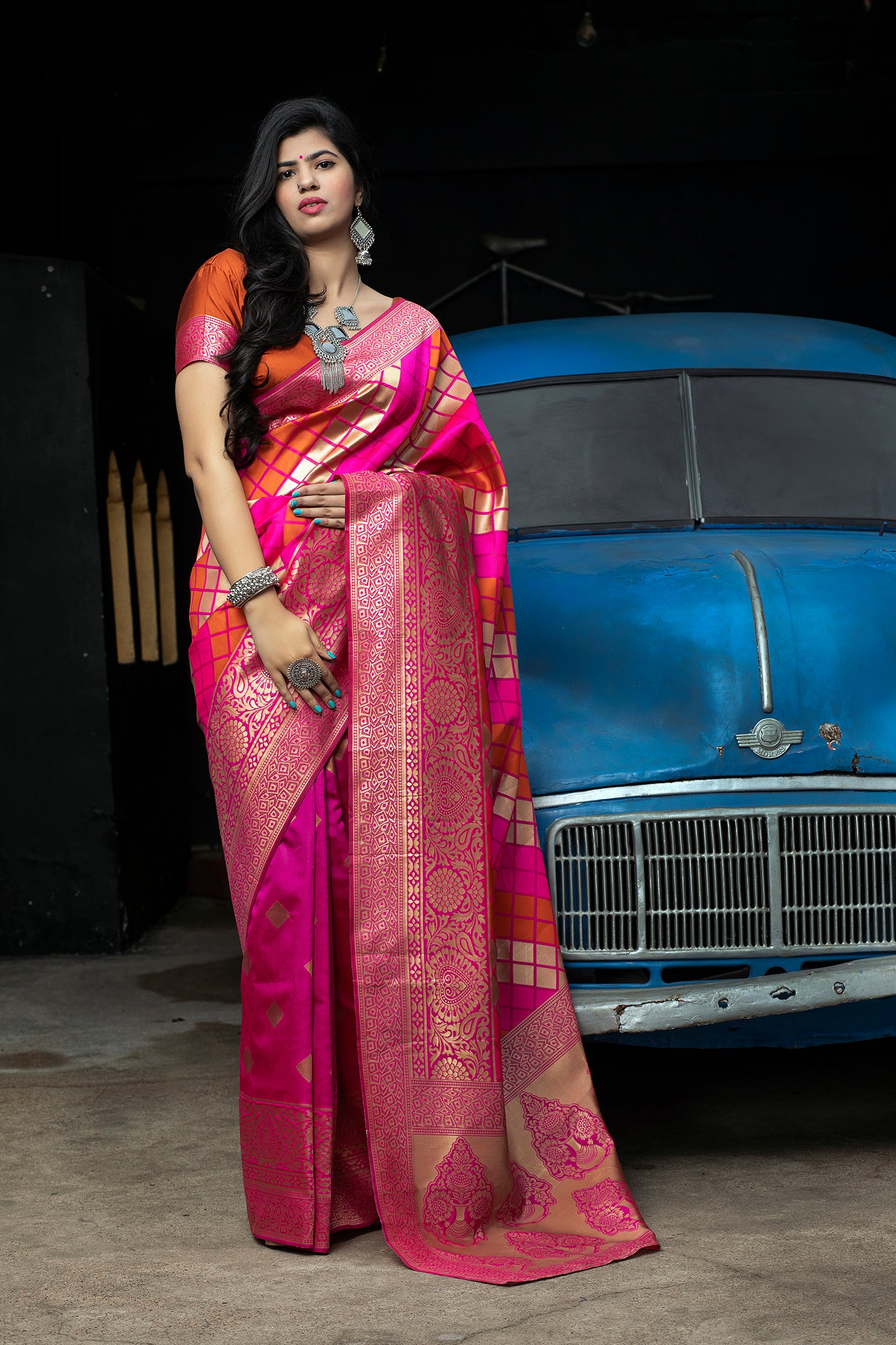 Pink-Orange Banarasi Silk Festival Wear Saree With Blouse ClothsVilla