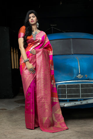 Pink-Orange Banarasi Silk Festival Wear Saree With Blouse ClothsVilla