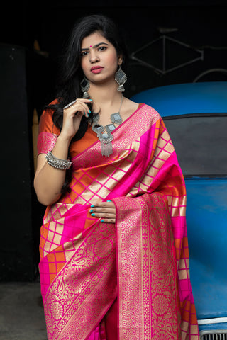 Pink-Orange Banarasi Silk Festival Wear Saree With Blouse ClothsVilla