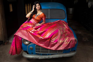 Pink-Orange Banarasi Silk Festival Wear Saree With Blouse ClothsVilla