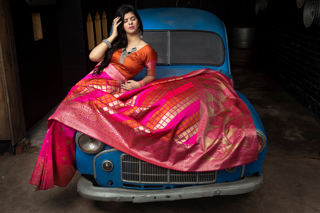 Pink-Orange Banarasi Silk Festival Wear Saree With Blouse ClothsVilla
