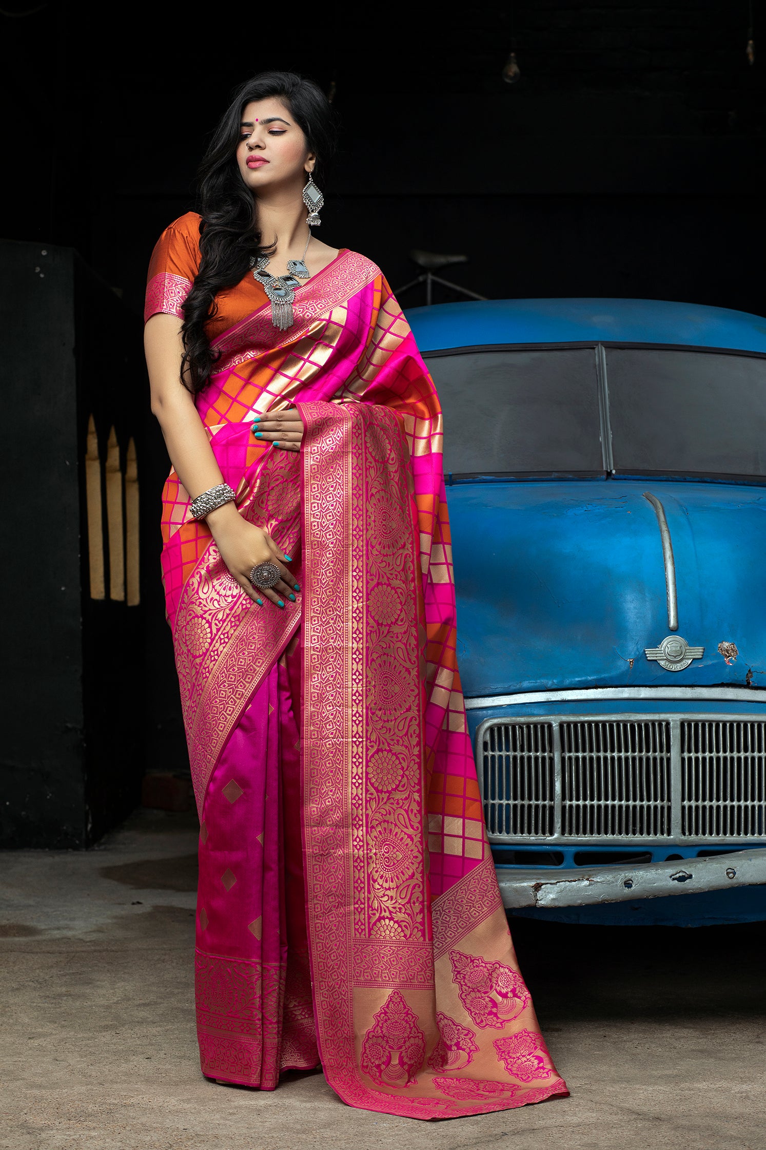 Pink-Orange Banarasi Silk Festival Wear Saree With Blouse ClothsVilla