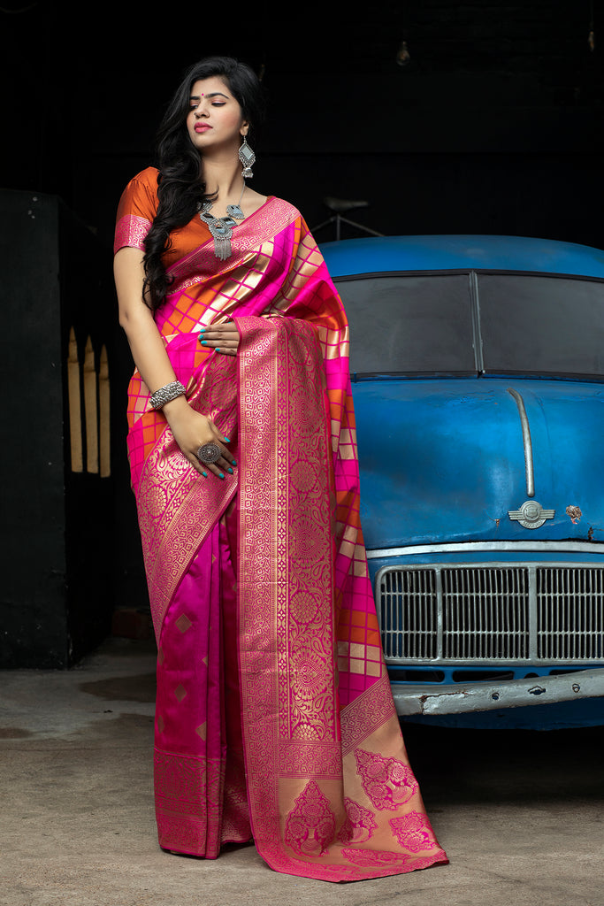 Pink-Orange Banarasi Silk Festival Wear Saree With Blouse ClothsVilla
