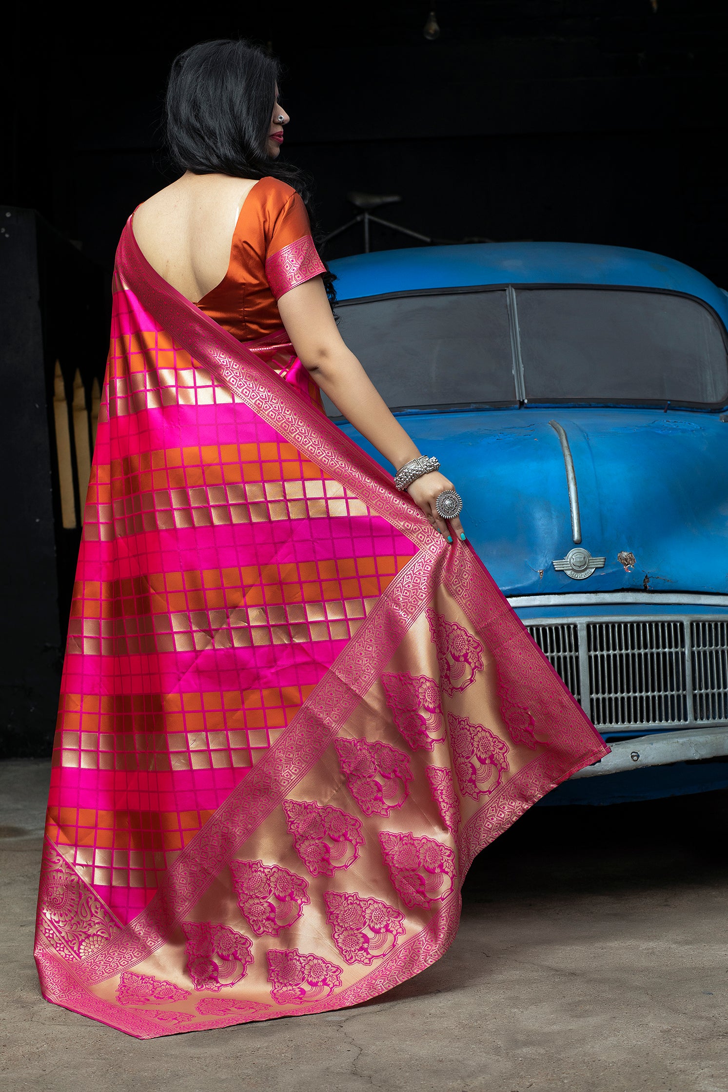 Pink-Orange Banarasi Silk Festival Wear Saree With Blouse ClothsVilla