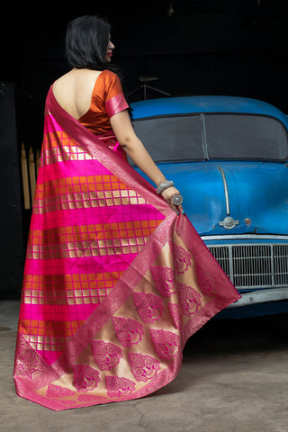 Pink-Orange Banarasi Silk Festival Wear Saree With Blouse ClothsVilla