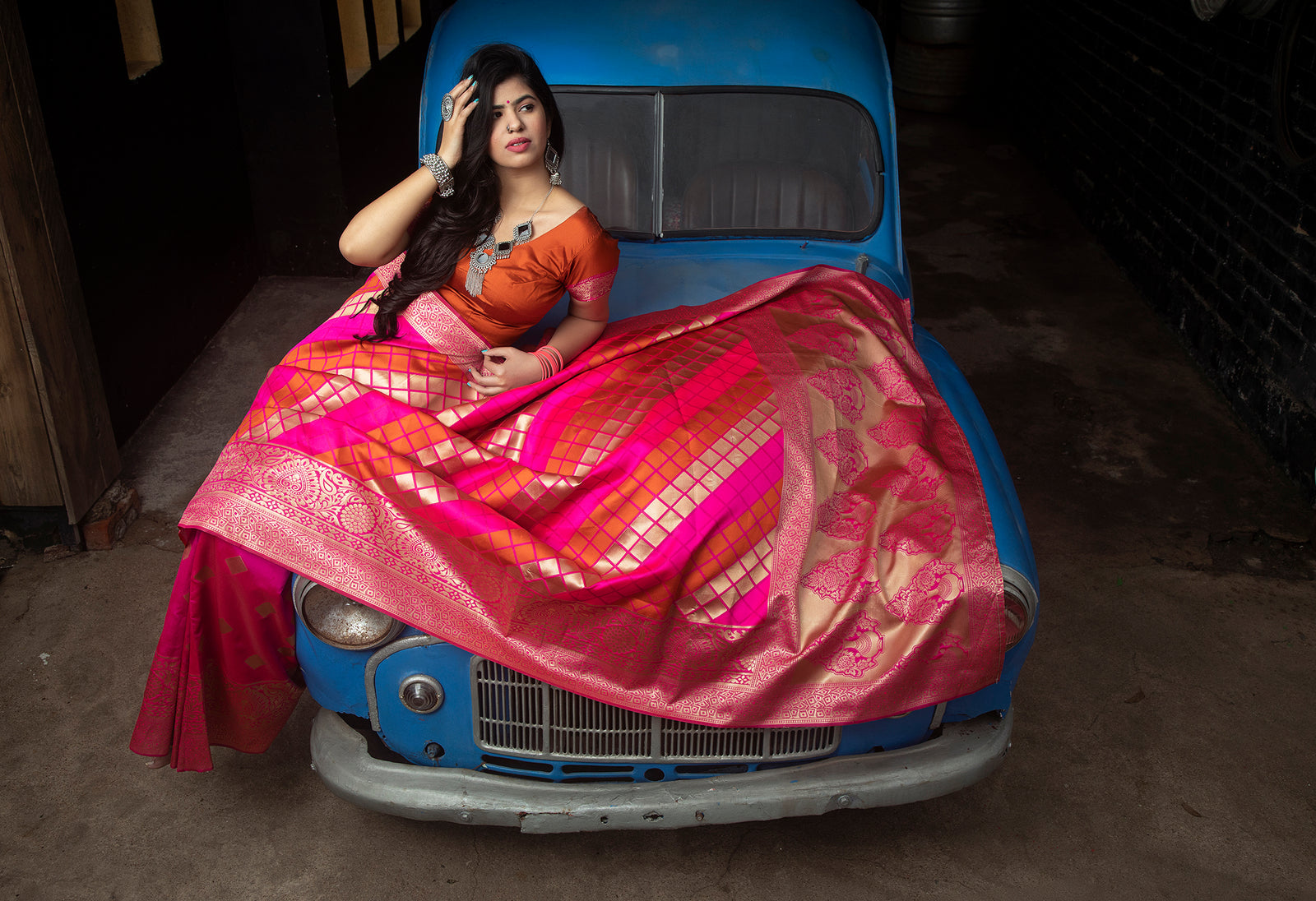 Pink-Orange Banarasi Silk Festival Wear Saree With Blouse ClothsVilla