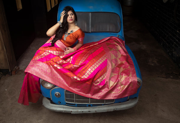 Pink-Orange Banarasi Silk Festival Wear Saree With Blouse ClothsVilla