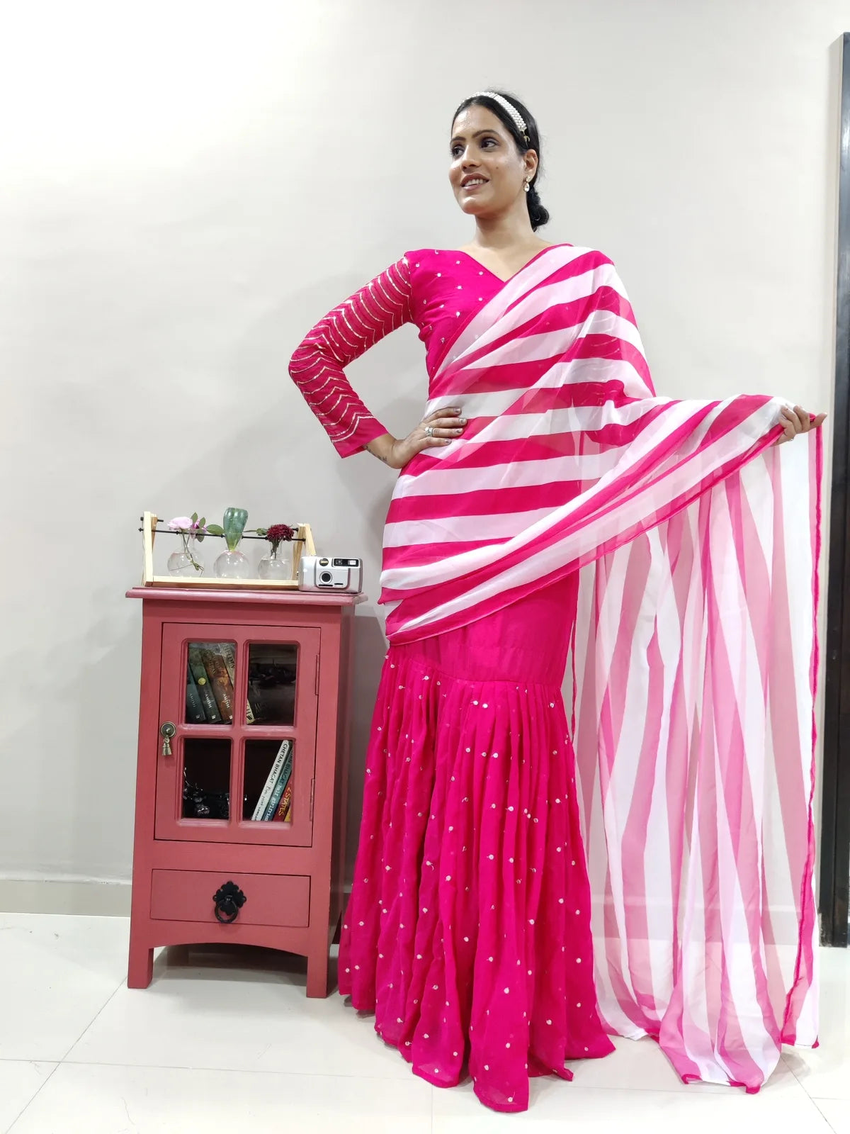 Pink Stripe Printed Lehenga Saree In Georgette Clothsvilla