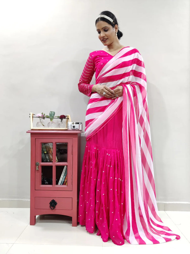 Pink Stripe Printed Lehenga Saree In Georgette Clothsvilla