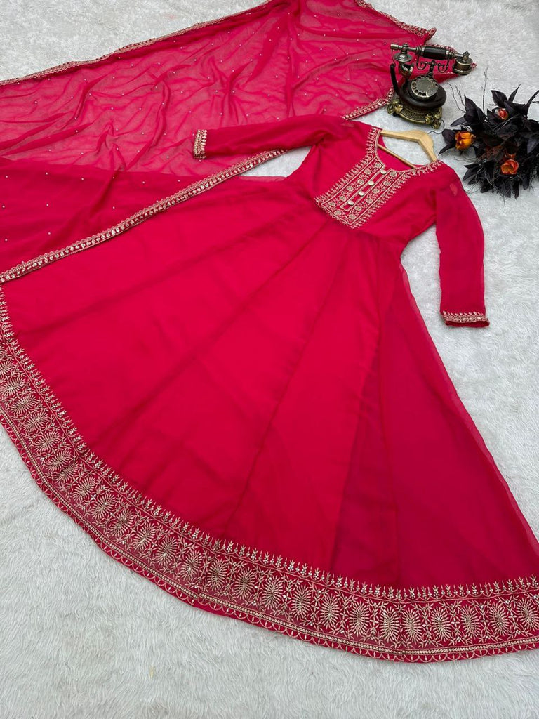 Pink Anarkali Gown in Faux Georgette with Embroidery Sequence Work Clothsvilla