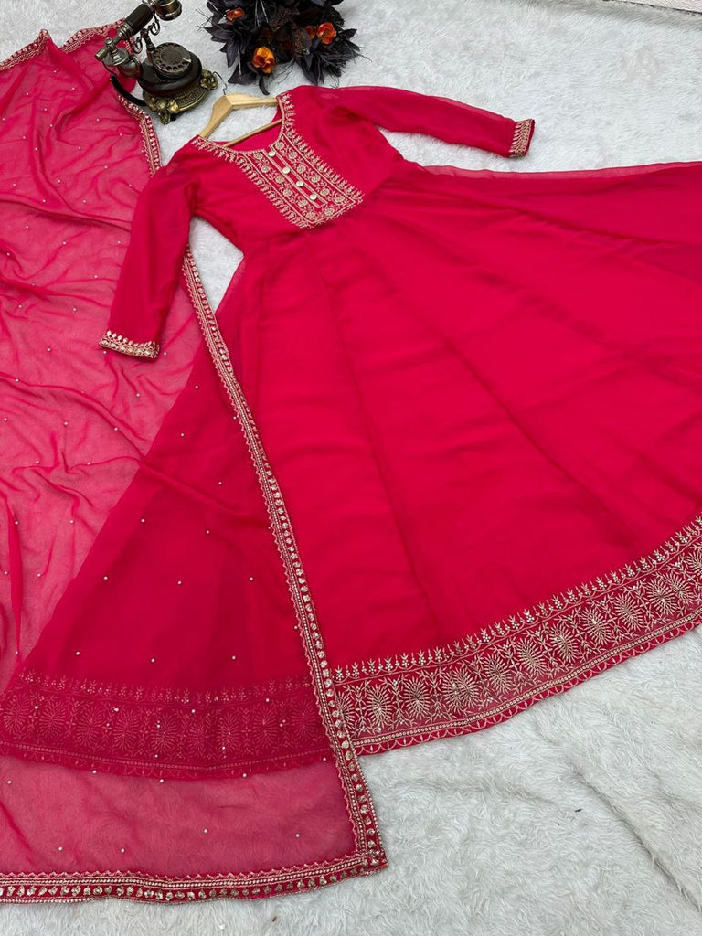 Pink Anarkali Gown in Faux Georgette with Embroidery Sequence Work Clothsvilla