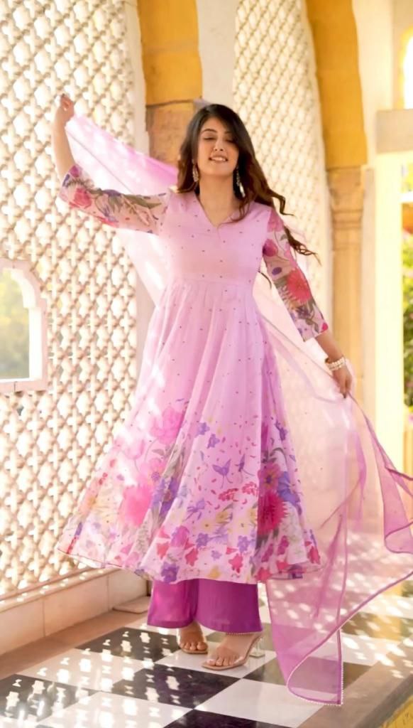 Pink Anarkali Gown in Faux Georgette with Floral Digital Print Clothsvilla