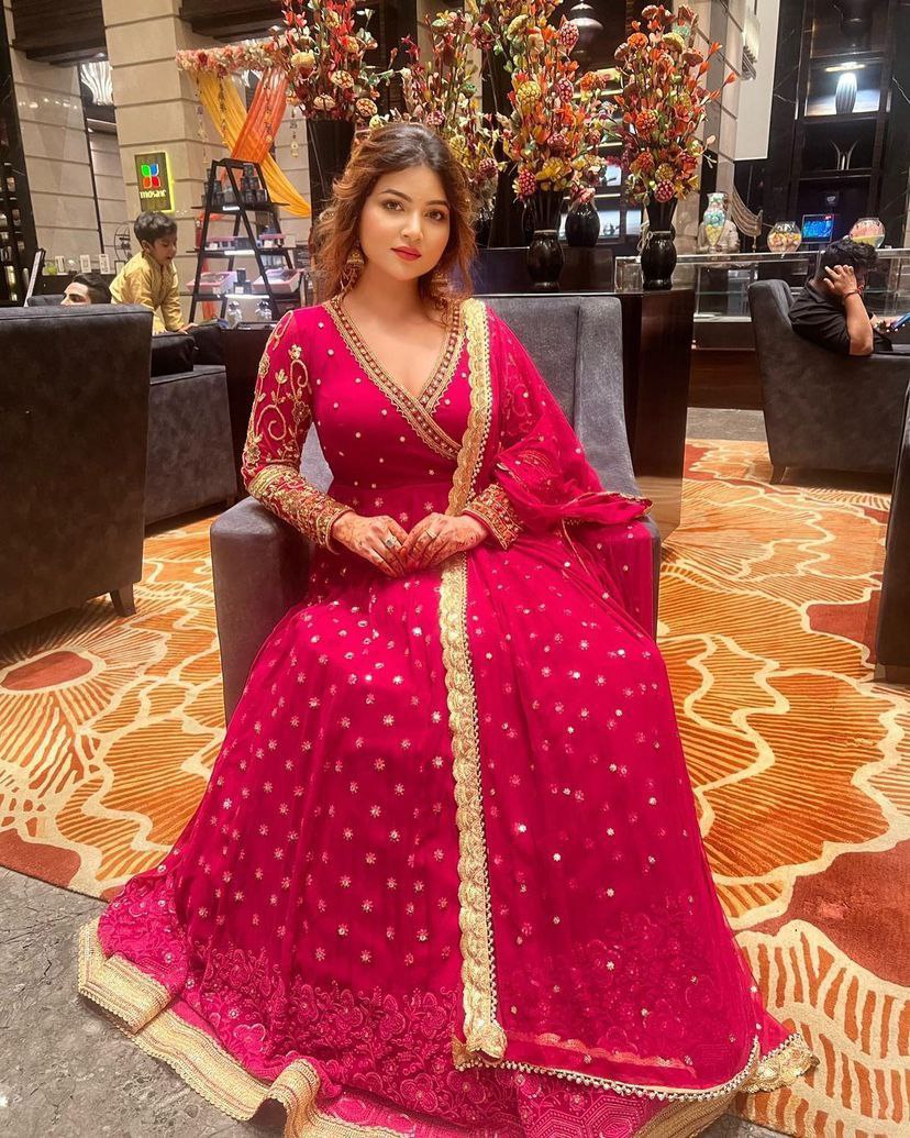 Pink Anarkali Gown in Georgette with Embroidery Sequence Work ClothsVilla
