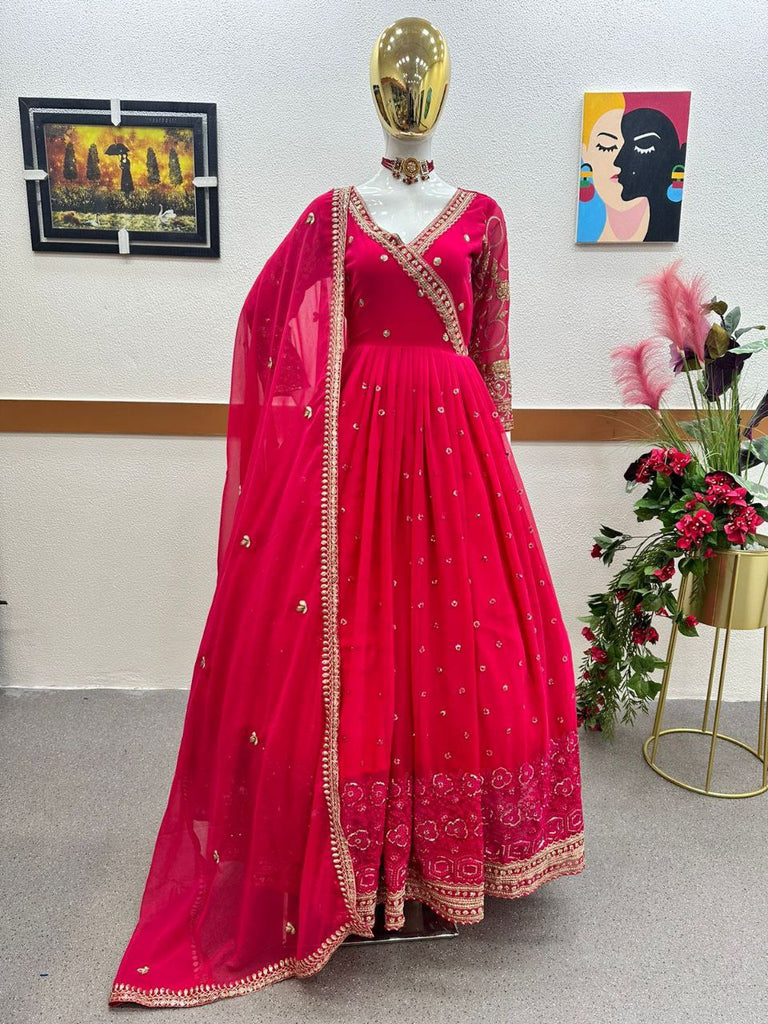 Pink Anarkali Gown in Georgette with Embroidery Sequence Work ClothsVilla